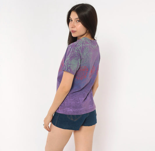 90s Morey Boogie All Over Print Tee Purple Teal Geometric Tribal Cotton XS