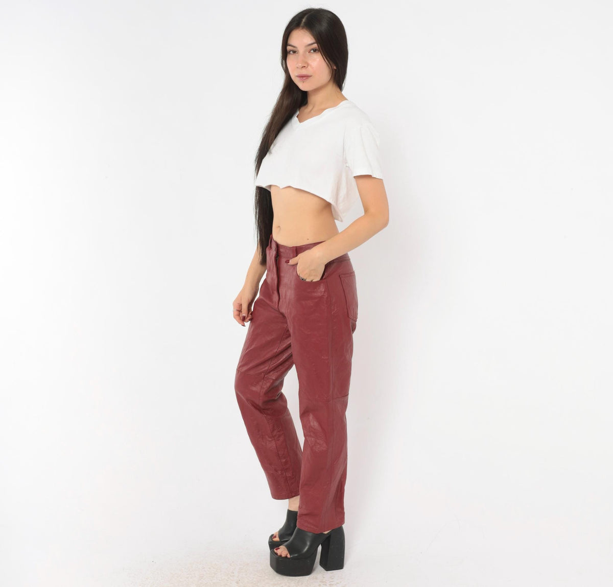 2000s Metrostyle Burgundy Leather Pants Straight Leg Low Rise Small Petite