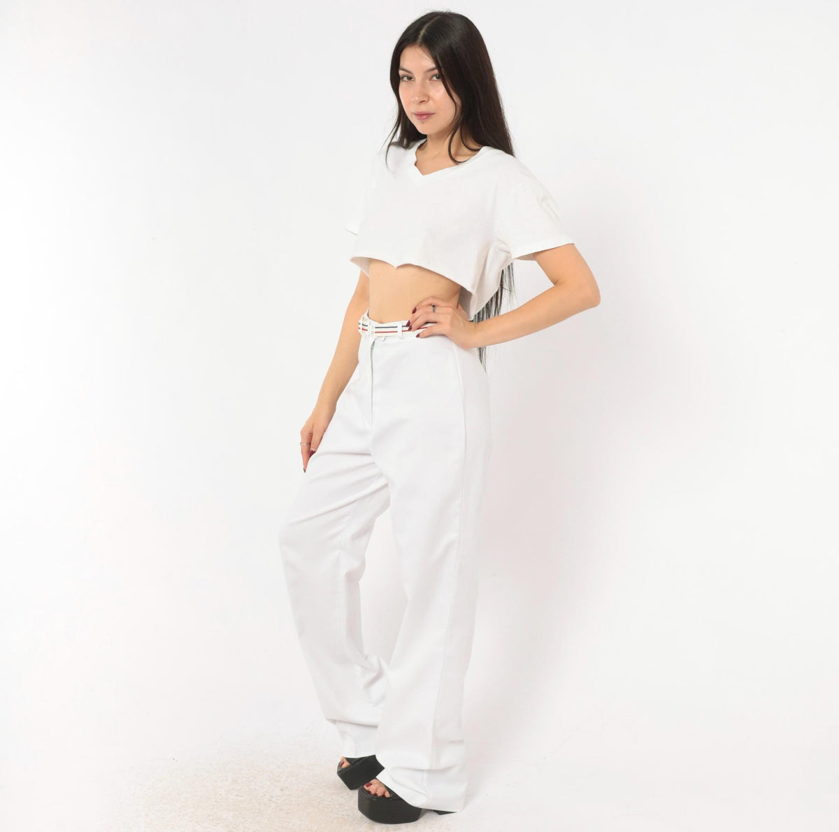 70s MMJ White Wide Leg Trousers Striped Belt High Rise Small S