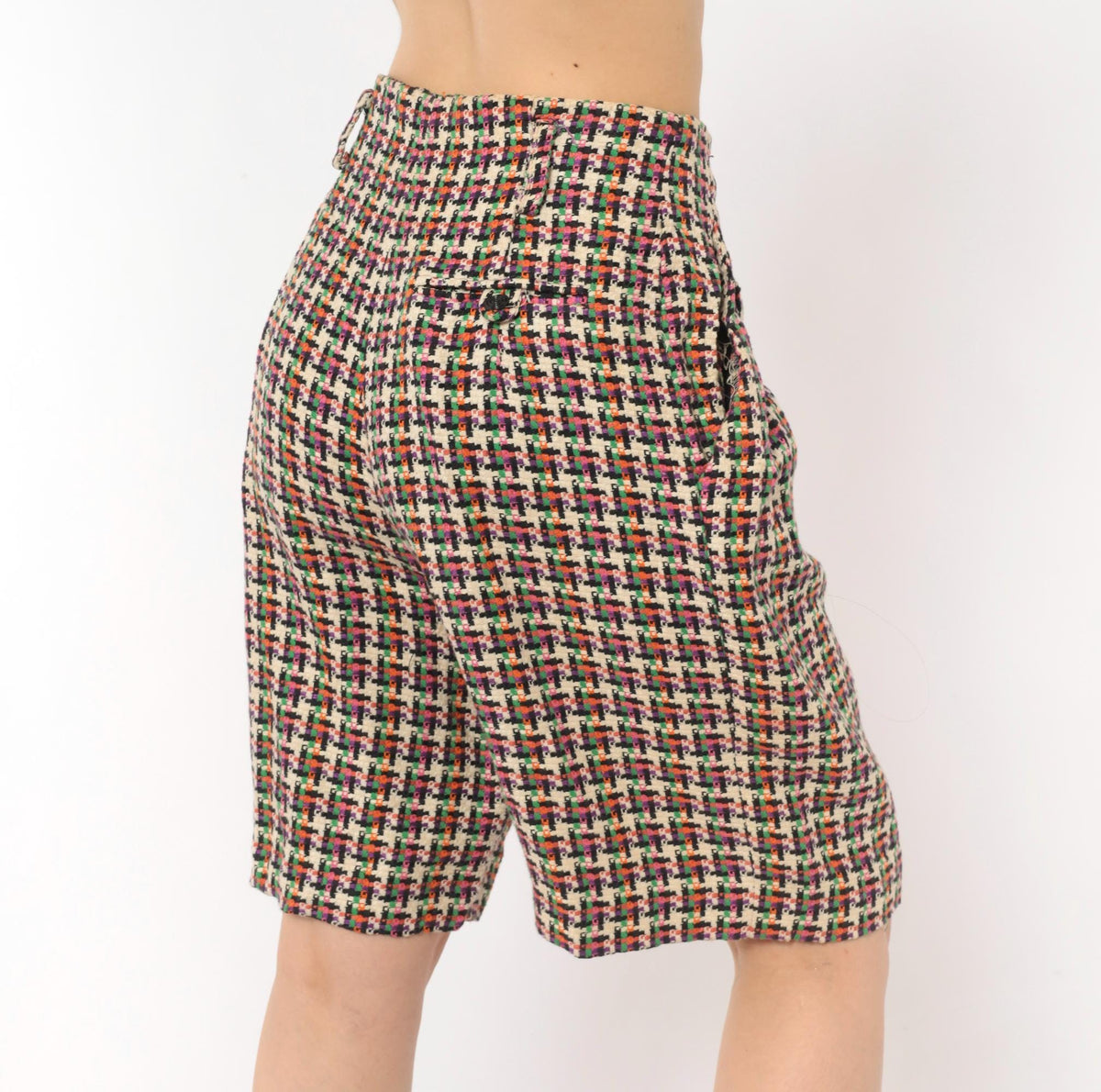 90s For Pete's Sake Houndstooth Pleated Bermuda Shorts Multicolor Linen Small
