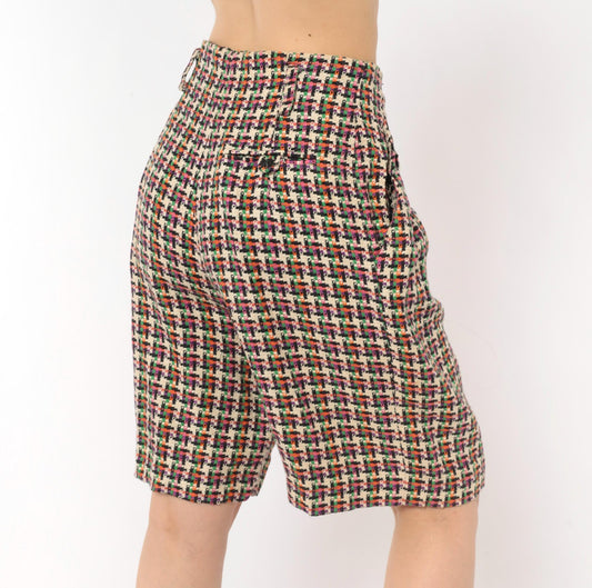 90s For Pete's Sake Houndstooth Pleated Bermuda Shorts Multicolor Linen Small