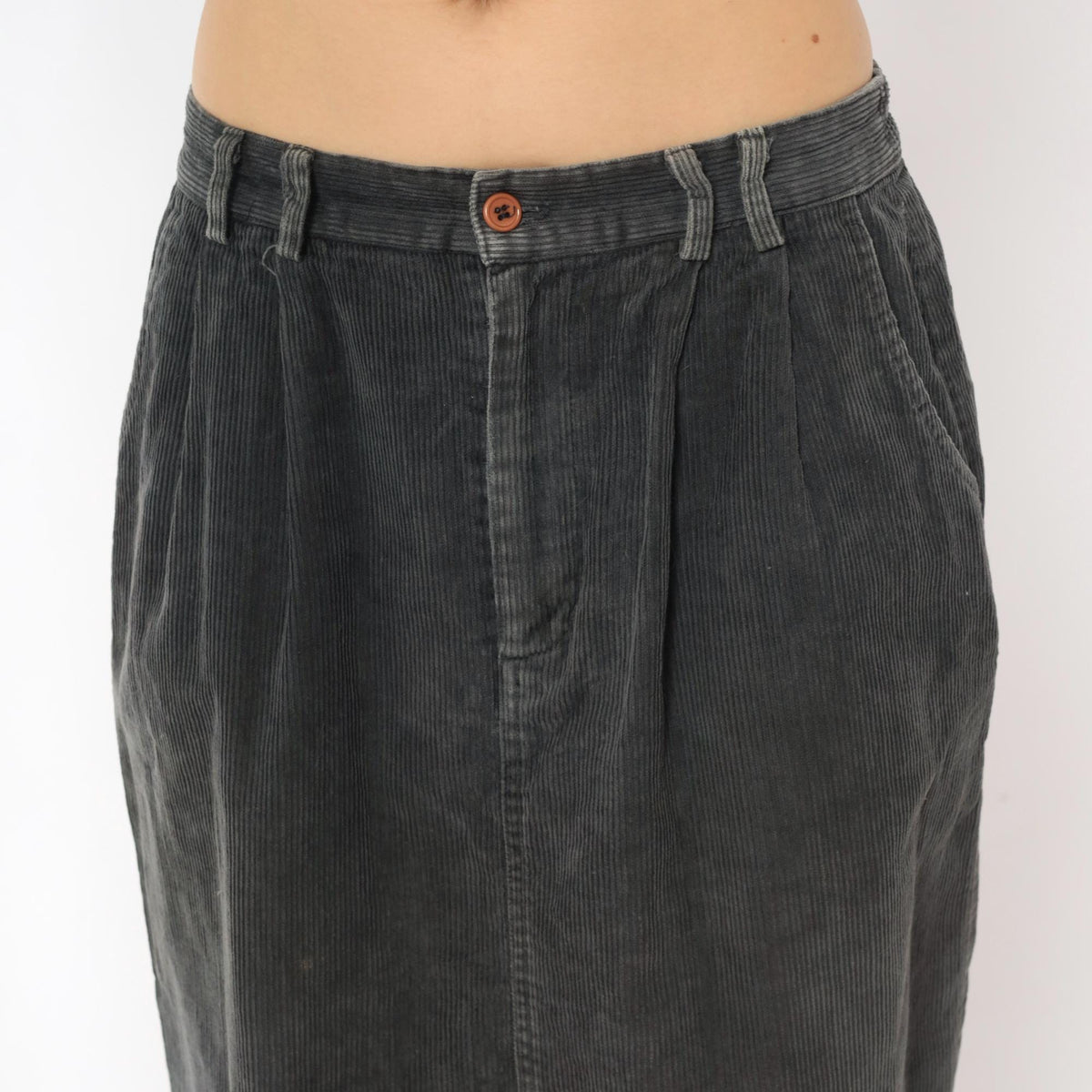 80s Gina Peters Charcoal Corduroy Midi Skirt Pleated High Waist Small