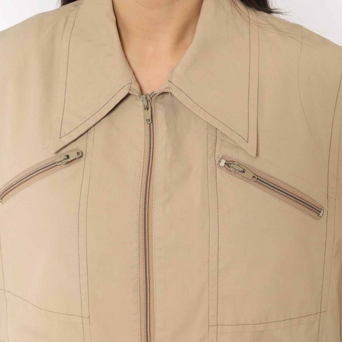 80s London Fog Tan Zip Jacket Utility Coat Multi Pocket Medium