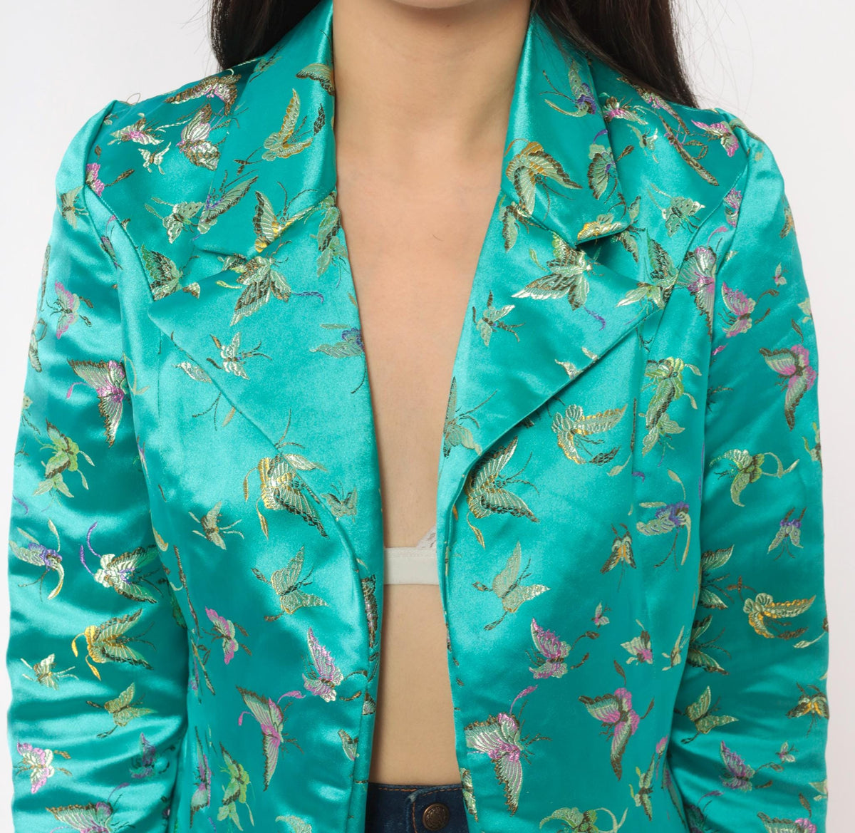 90s Teal Satin Brocade Blazer Butterfly Bird Embroidered XS