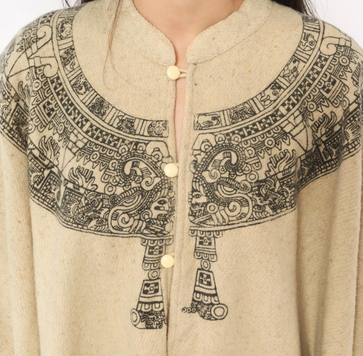 90s Aztec Calendar Wool Blend Poncho Cream Mandarin Collar Fringe Hem
