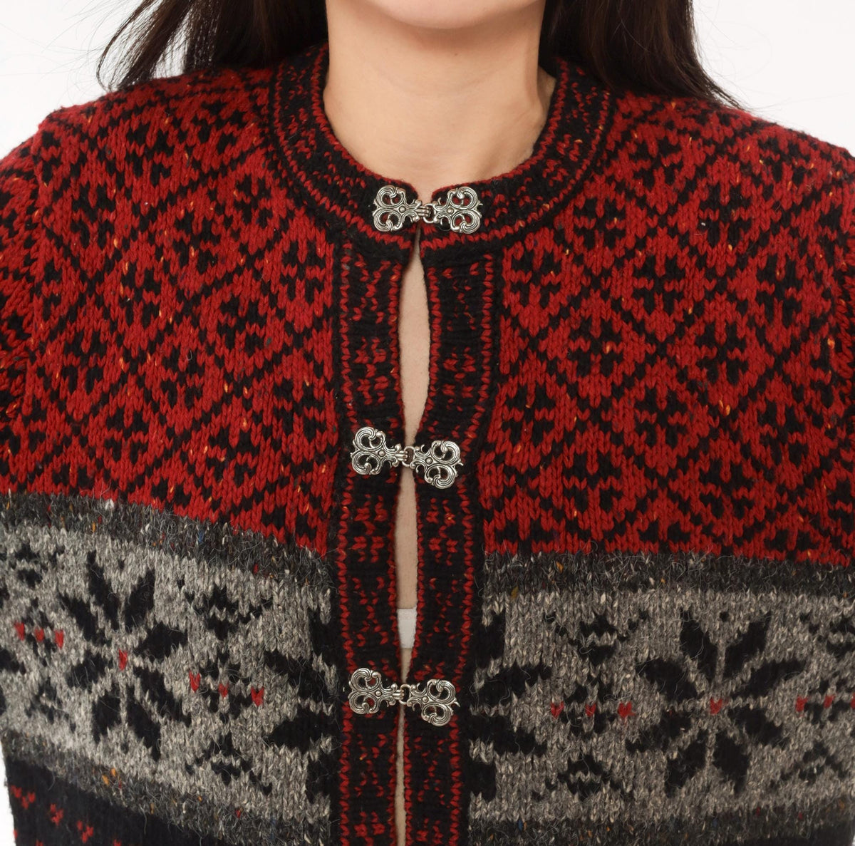 90s Croft & Barrow Nordic Cardigan Wool Blend Fair Isle Snowflake Black Grey Medium M
