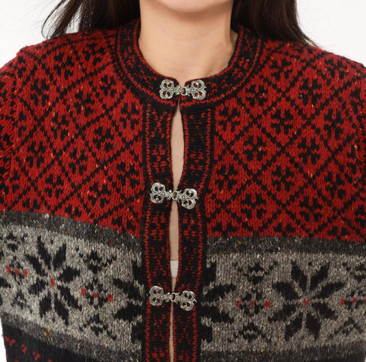 90s Croft & Barrow Nordic Cardigan Wool Blend Fair Isle Snowflake Black Grey Medium M