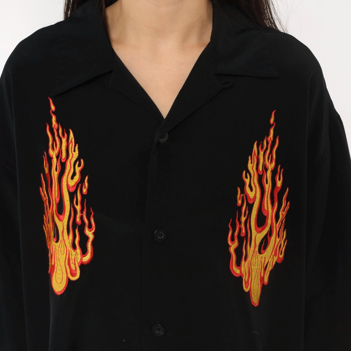 2000s Silver Point Black Bowling Shirt Flame Embroidered Camp Collar Extra Large XL