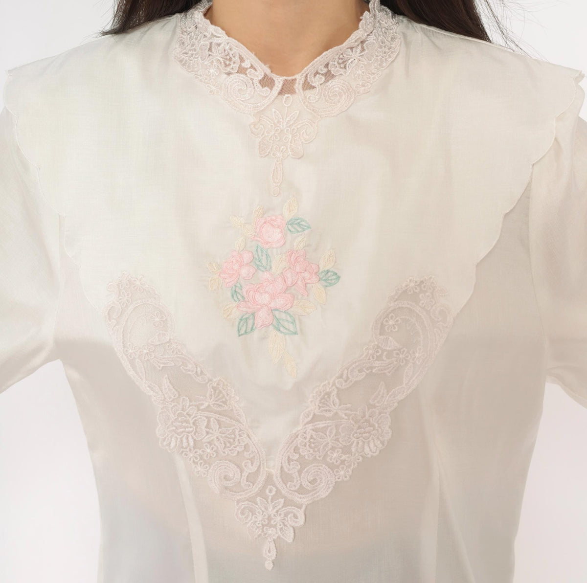 80s Nicola Embroidered Floral Lace Blouse High Neck Puff Sleeve Ivory Medium M