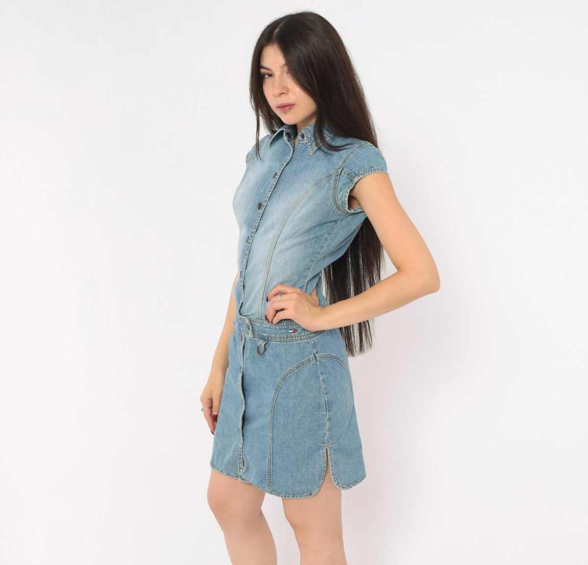 Tommy Jeans Y2K Light Wash Denim Mini Dress Snap Button Small S