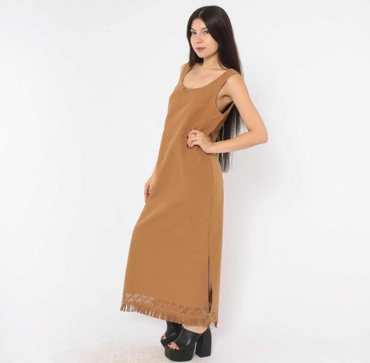 Jessica Howard 2000s Tan Faux Suede Maxi Dress Beaded Scoop Neck Fringe Medium M