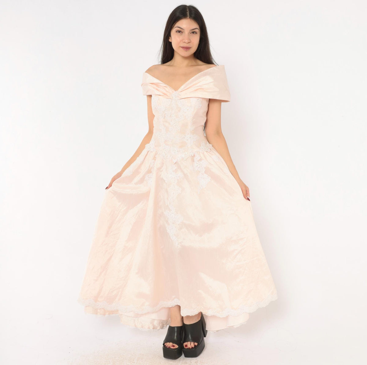 80s Eden Bridal Blush Pink Maxi Gown Off-Shoulder Sweetheart Bow Back Medium