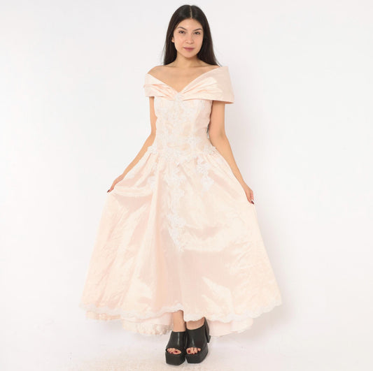 80s Eden Bridal Blush Pink Maxi Gown Off-Shoulder Sweetheart Bow Back Medium