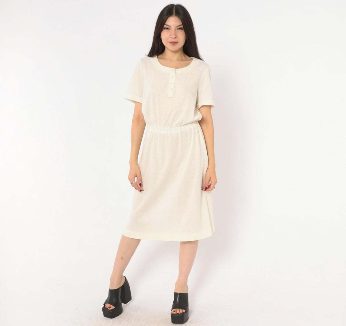70s Cream Henley Dress Button Front A-Line Knee Length Short Sleeve Small Medium