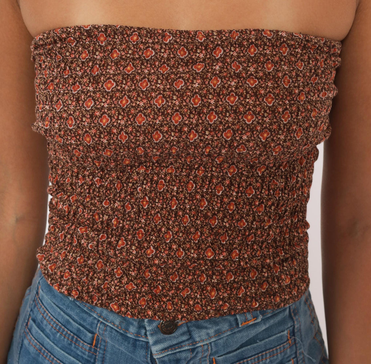 70s Brown Floral Tube Top Shirred Strapless Crop Ditsy Print Small