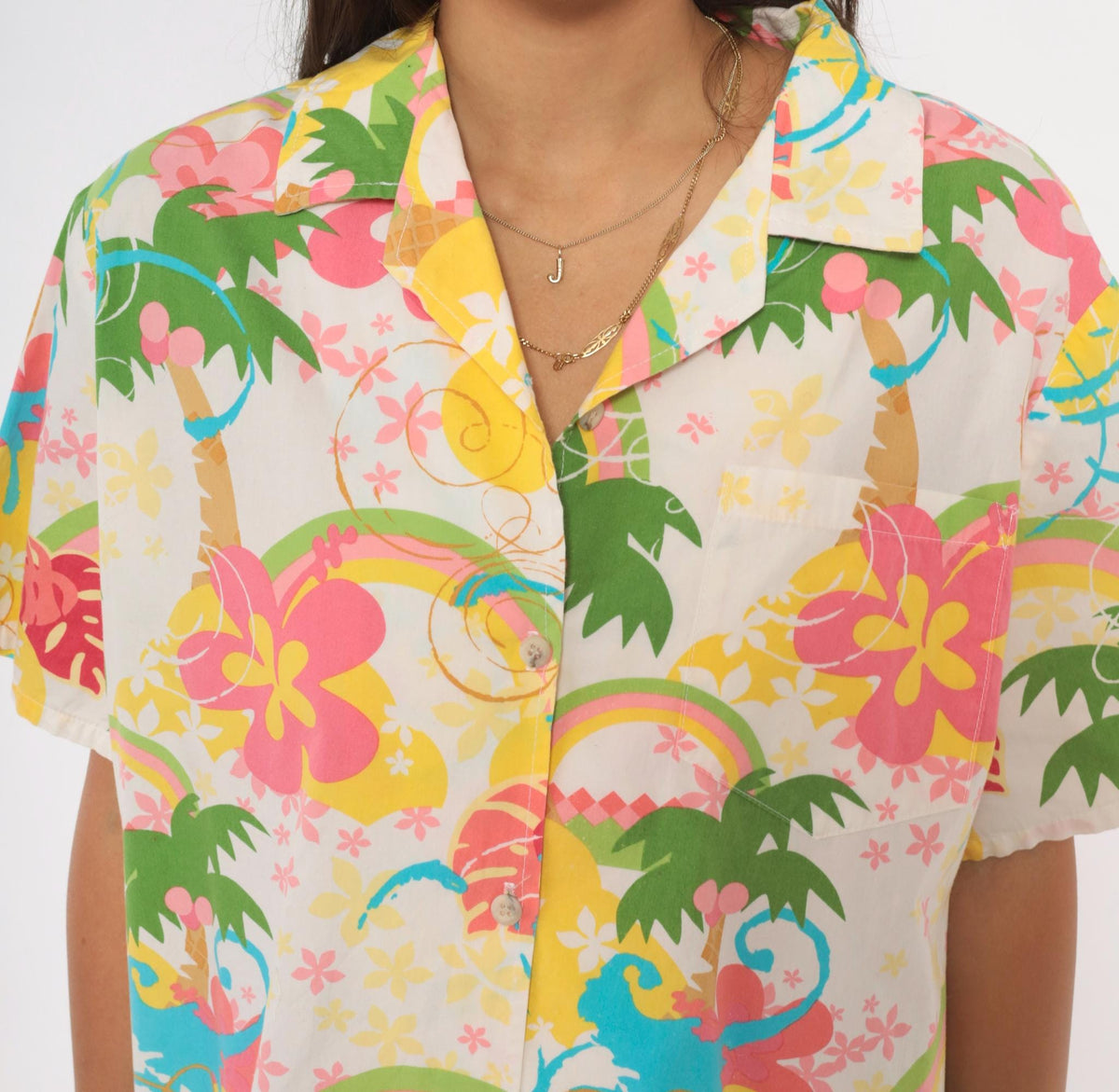 Y2K Barefoot Paradise Hawaiian Shirt White Cotton Camp Collar Tropical Print Extra Large XL