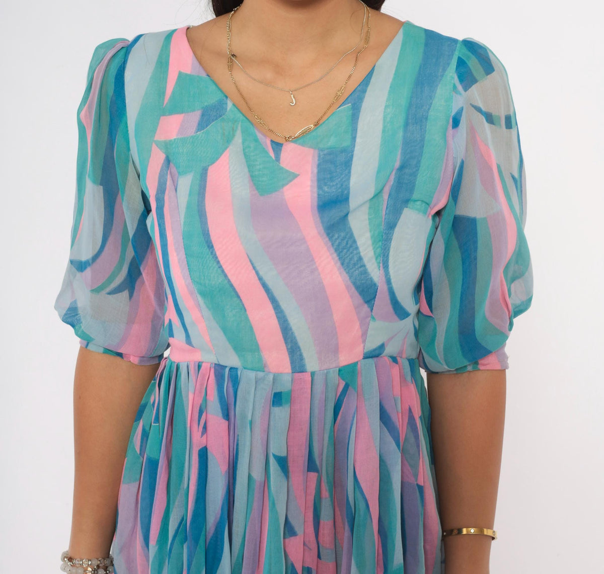 60s Mod Abstract Swirl Print Dress Teal Pink Puff Sleeve V Neck Small