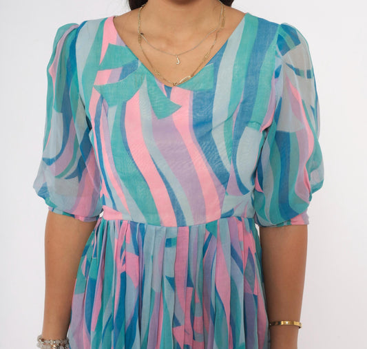 60s Mod Abstract Swirl Print Dress Teal Pink Puff Sleeve V Neck Small