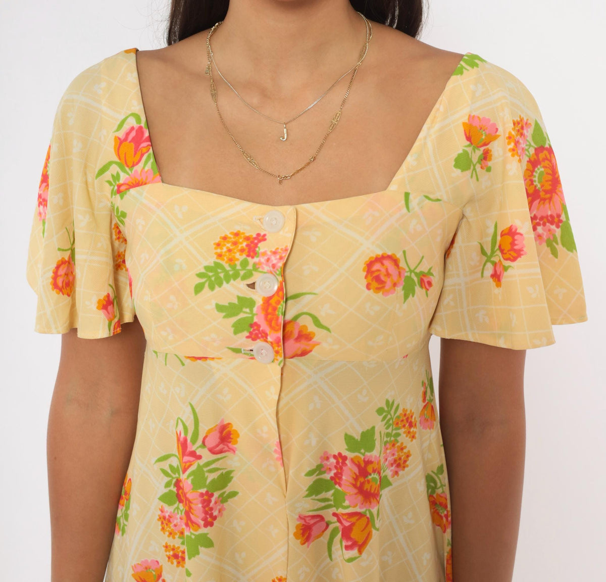 70s Floral Mini Dress Yellow Pink Flutter Sleeve Empire Waist Extra Small XS