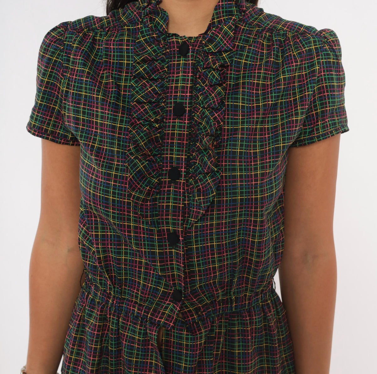 70s Plaid Dress Black Pink Green Yellow Check Ruffle Mock Neck Puff Sleeve Small