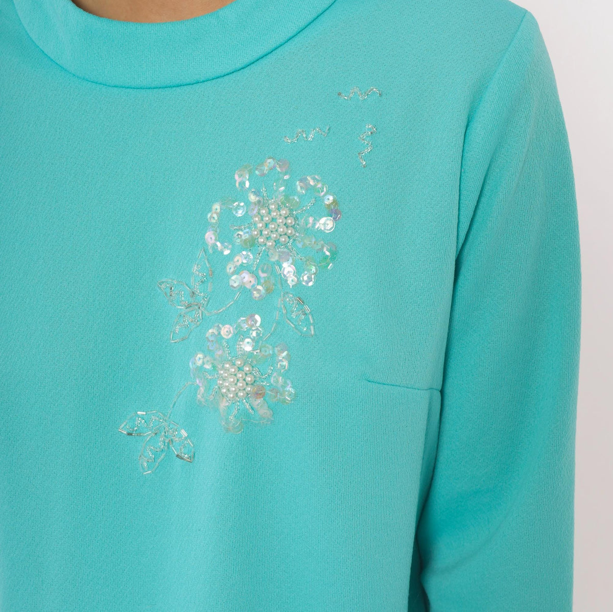 70s Teal Shift Dress Beaded Sequin Floral Mock Neck Long Sleeve A-Line Plus Size Extra Large