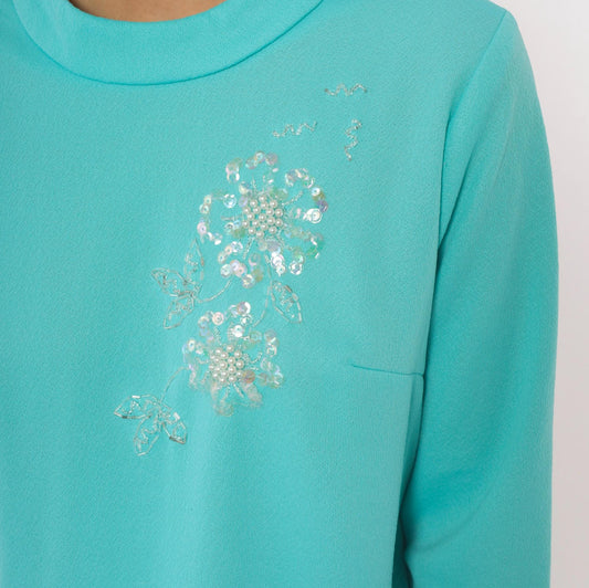 70s Teal Shift Dress Beaded Sequin Floral Mock Neck Long Sleeve A-Line Plus Size Extra Large