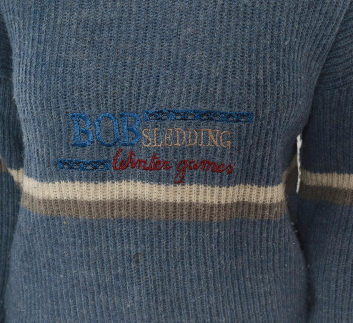 80s Bobsledding Winter Games Wool Knit Pullover Blue Cream Stripe Medium