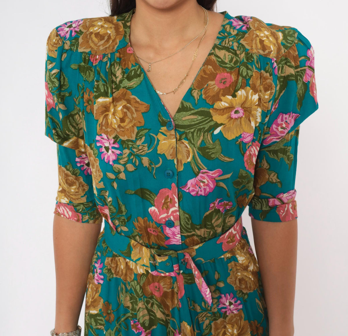 90s Carol Anderson Teal Floral Midi Dress Puff Sleeve Button Front Small S
