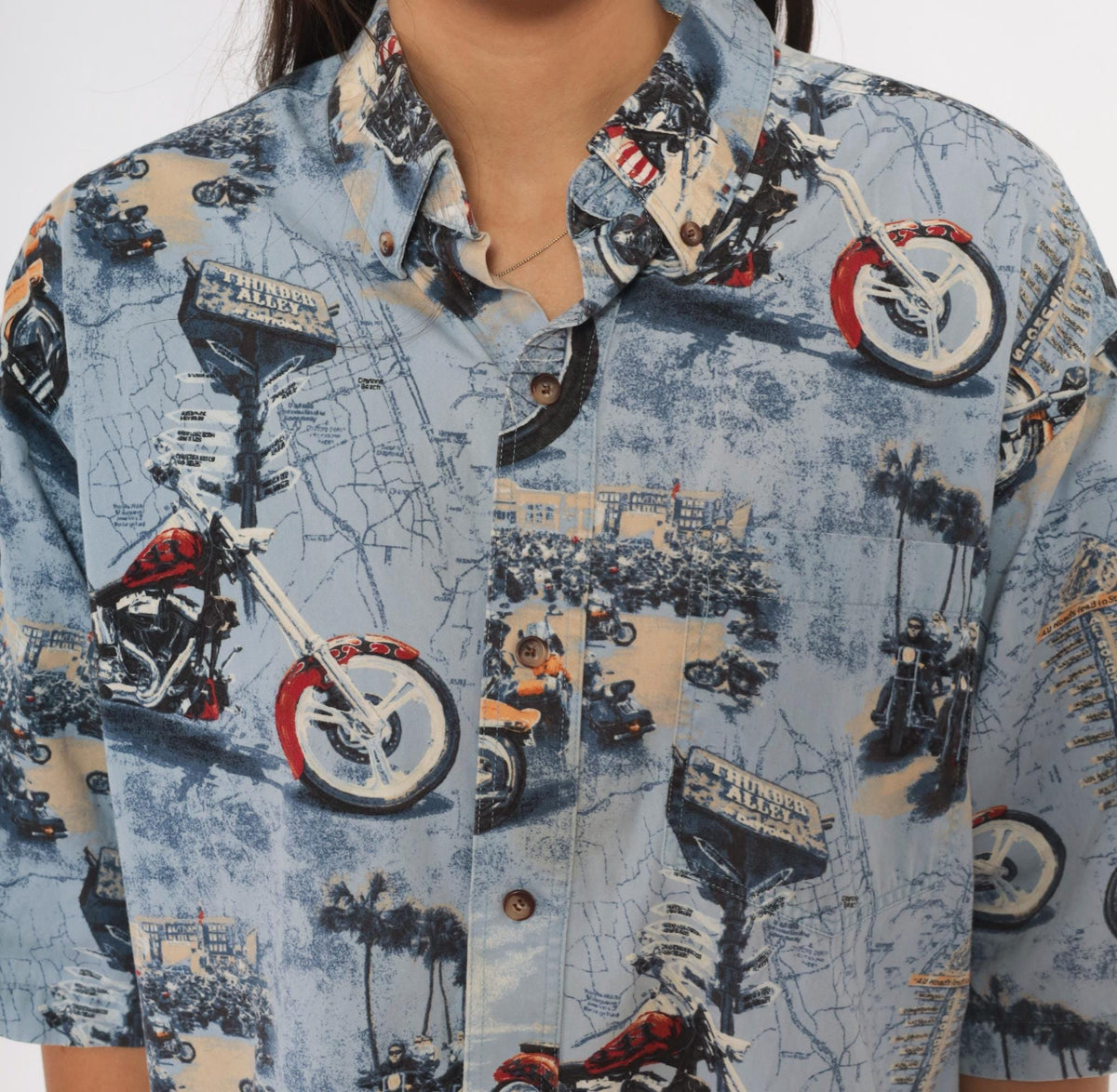 Y2K Redhead Motorcycle Print Button-Up Shirt Blue Cotton Medium
