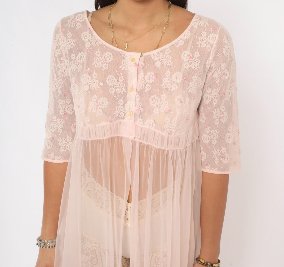 70s Miss Elaine Pink Sheer Peignoir Maxi Robe Lace Embroidered Extra Small