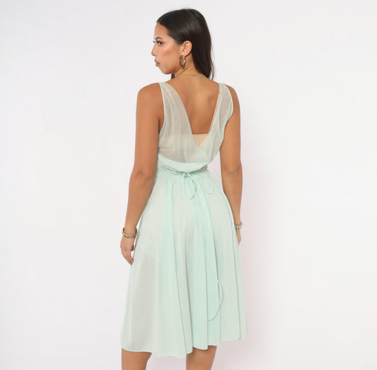 70s Vanity Fair Seafoam Nightgown Deep V Sheer Slip Dress Large L