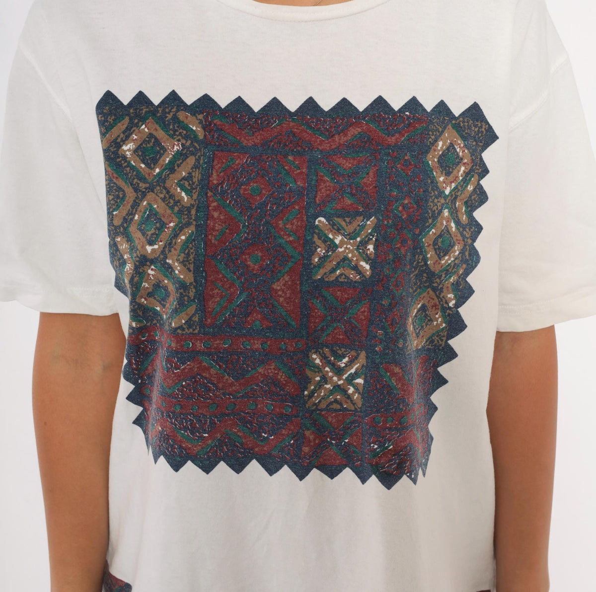 90s Southwestern Tapestry Graphic Tee White Cotton Geometric Burgundy Large L