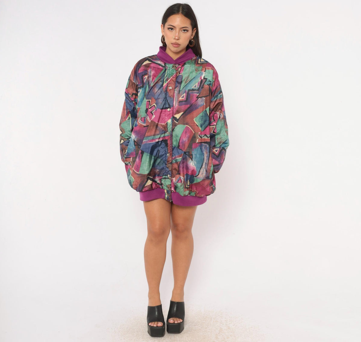 80s Abstract Reversible Bomber Jacket Purple Green Geometric Snap Front Medium