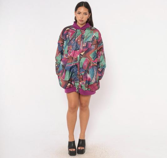 80s Abstract Reversible Bomber Jacket Purple Green Geometric Snap Front Medium