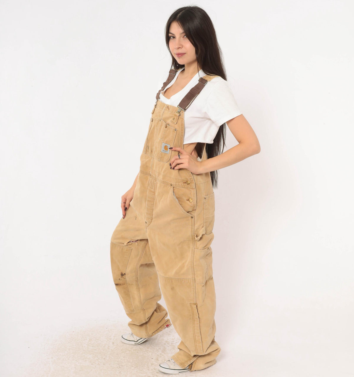 90s Carhartt Tan Duck Canvas Bib Overalls Distressed Workwear Small
