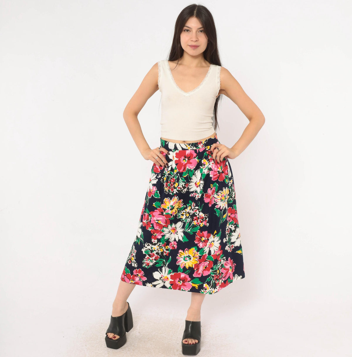 80s Navy Floral Midi Skirt A-Line Daisy Print Cotton Small S