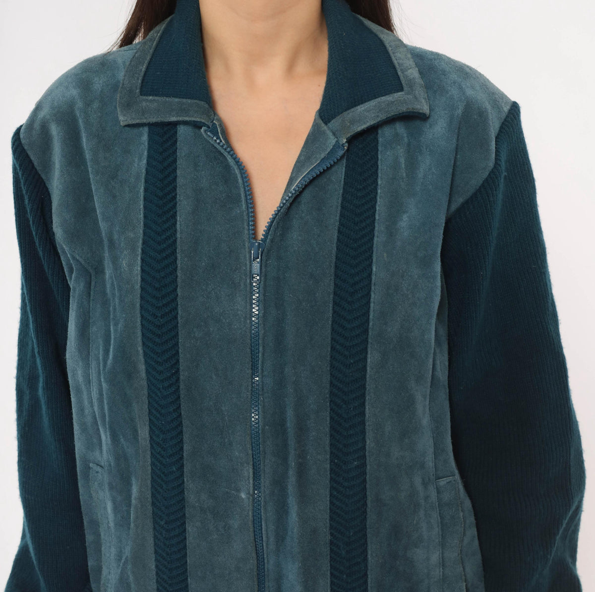 80s Mervyn's Navy Blue Suede Leather Cardigan Knit Zip Jacket Large