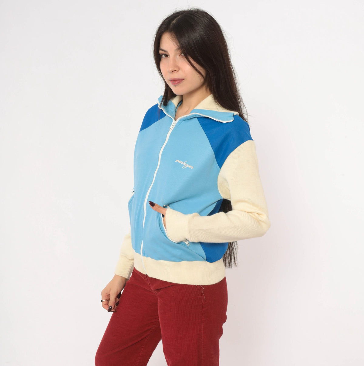 80s Grasshoppers Color Block Track Jacket Light Blue Cream Knit Small