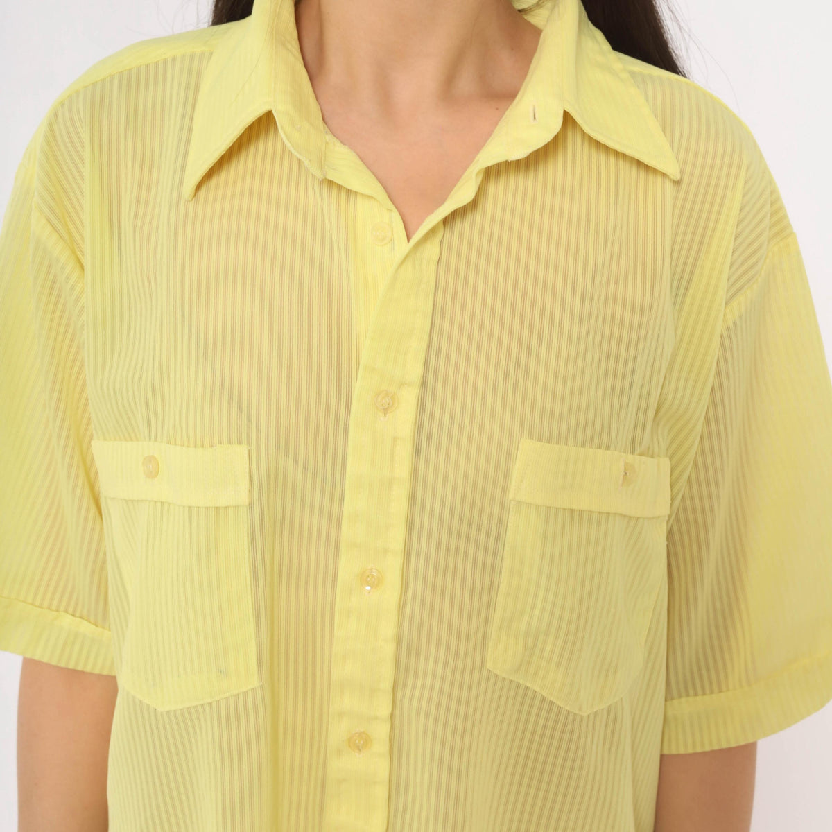 70s Jean Phillipe Yellow Striped Button-Up Shirt Pointed Collar Sheer Large