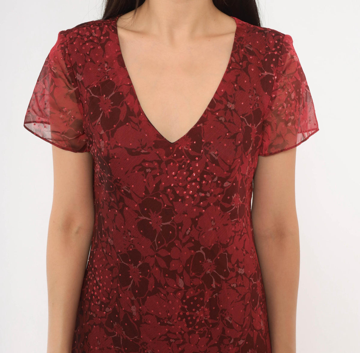 90s Burgundy Floral Midi Dress Positive Attitude Flutter Sleeve Wine Red Medium M