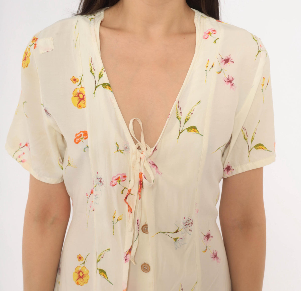 90s Wag Girls Floral Dress Cream Ditsy Print Tie Front Knee Length Extra Small XS