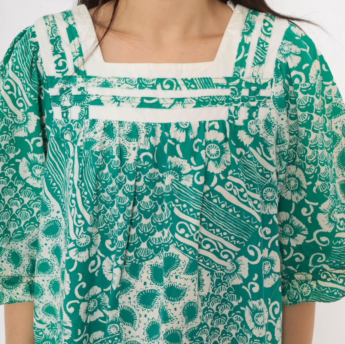 90s Expressions Teal Batik Floral Cotton Dress Square Neck Puff Sleeve Medium M