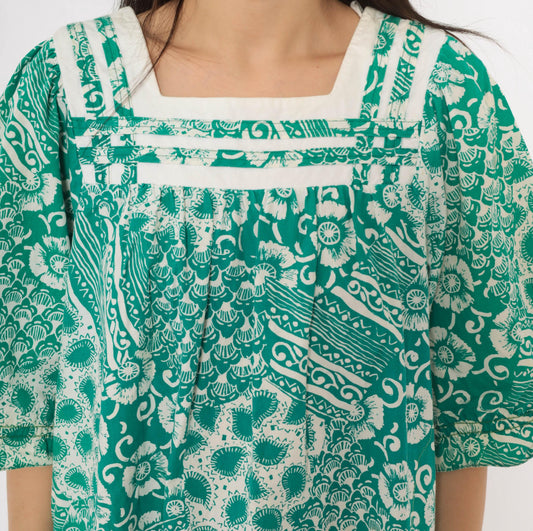 90s Expressions Teal Batik Floral Cotton Dress Square Neck Puff Sleeve Medium M