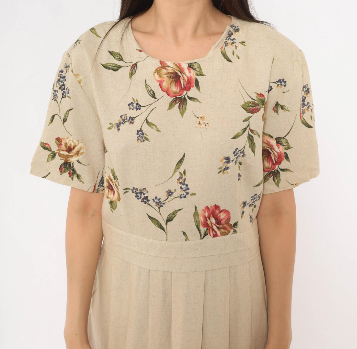 90s Just in Thyme Floral Midi Dress Cream Rose Print A-Line Large L