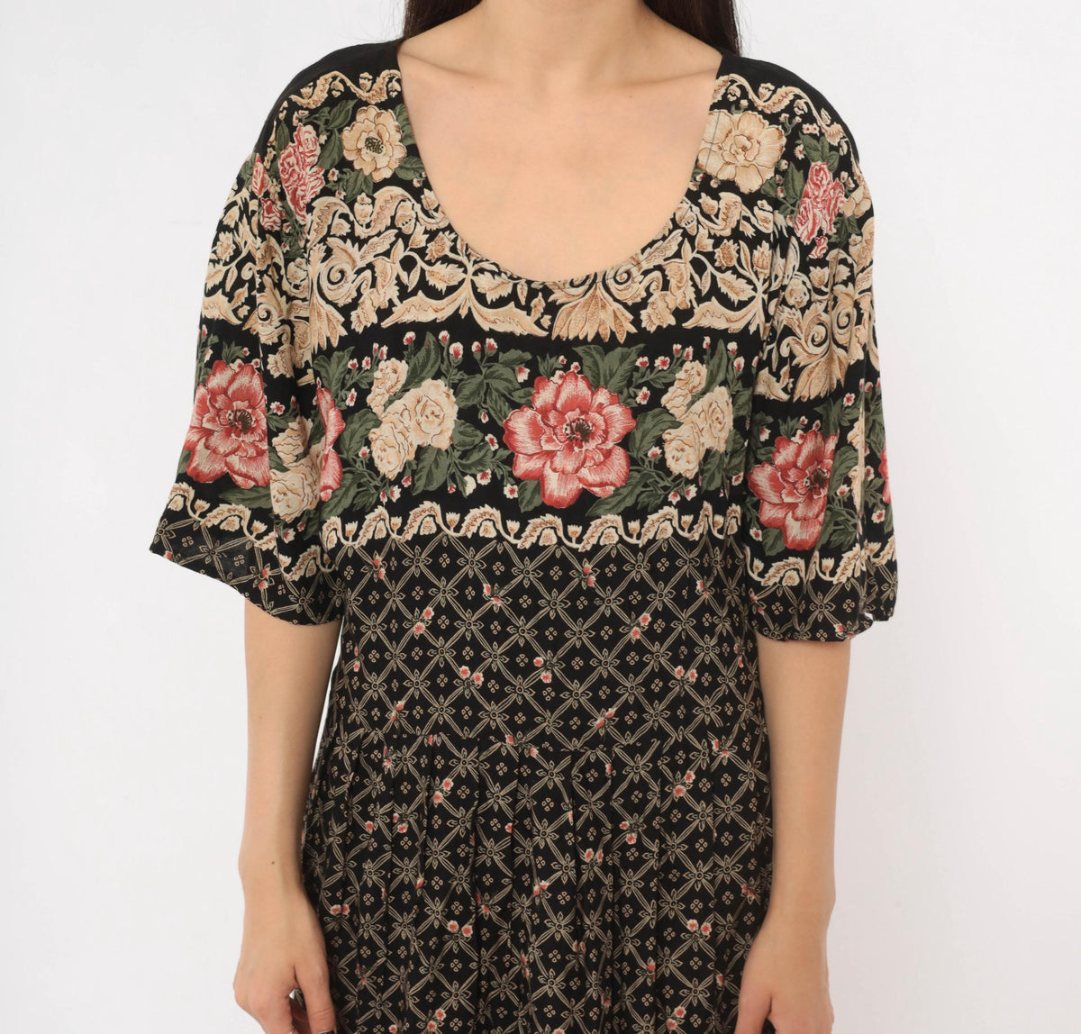 90s Fashion Bug Black Floral Maxi Dress Rose Border Pink Cream Plus Size 3X