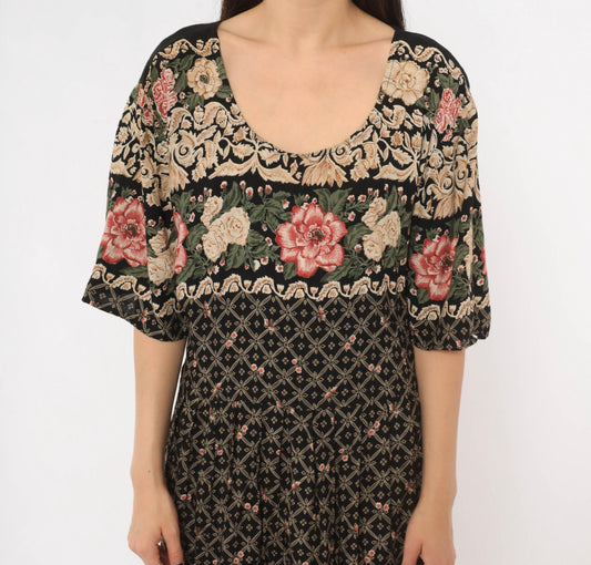 90s Fashion Bug Black Floral Maxi Dress Rose Border Pink Cream Plus Size 3X