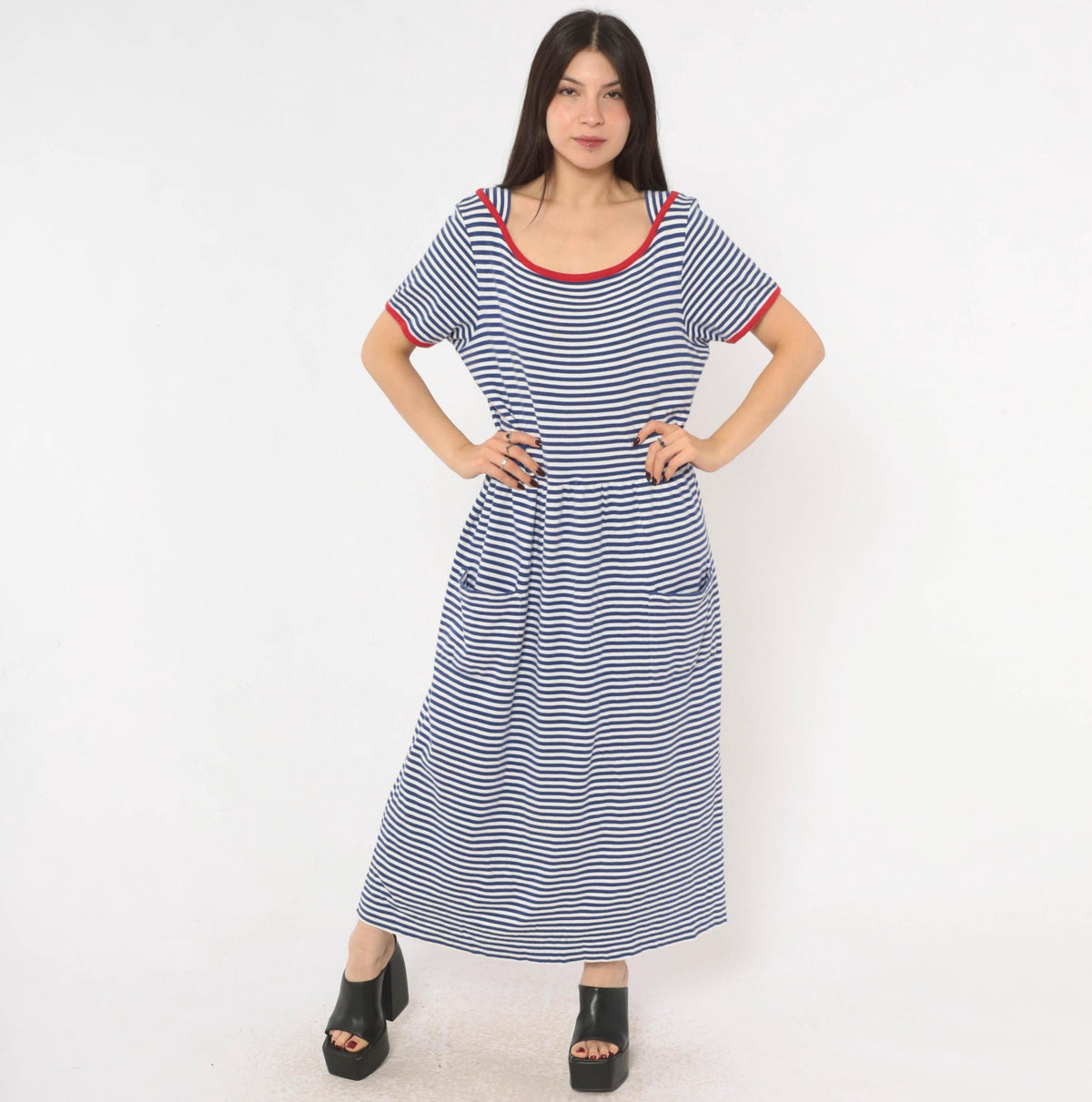 90s Talbots Striped Cotton Maxi Dress Cobalt Blue White Red Trim Large L