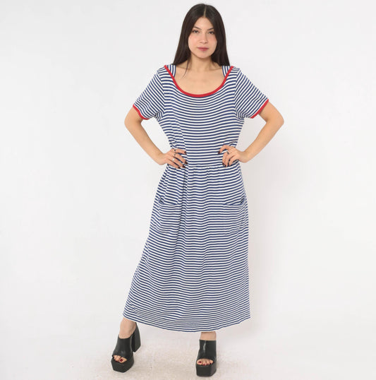 90s Talbots Striped Cotton Maxi Dress Cobalt Blue White Red Trim Large L
