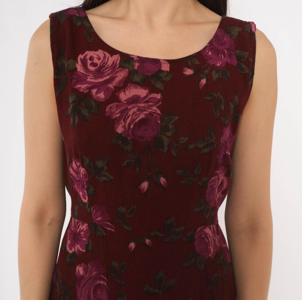 90s Chadwick's Burgundy Floral Midi Dress Sleeveless Tie Back Medium M
