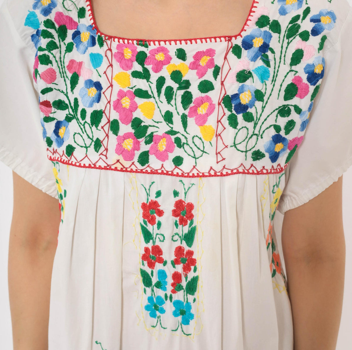 90s Mexican Embroidered Cotton Dress White Floral Puff Sleeve Square Neck Small